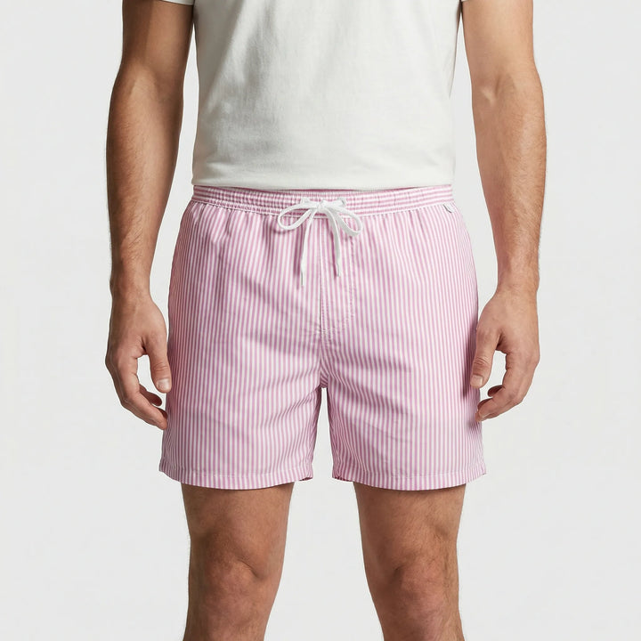Men's striped quick-dry swim shorts, comfortable beachwear for summer and vacation essentials.