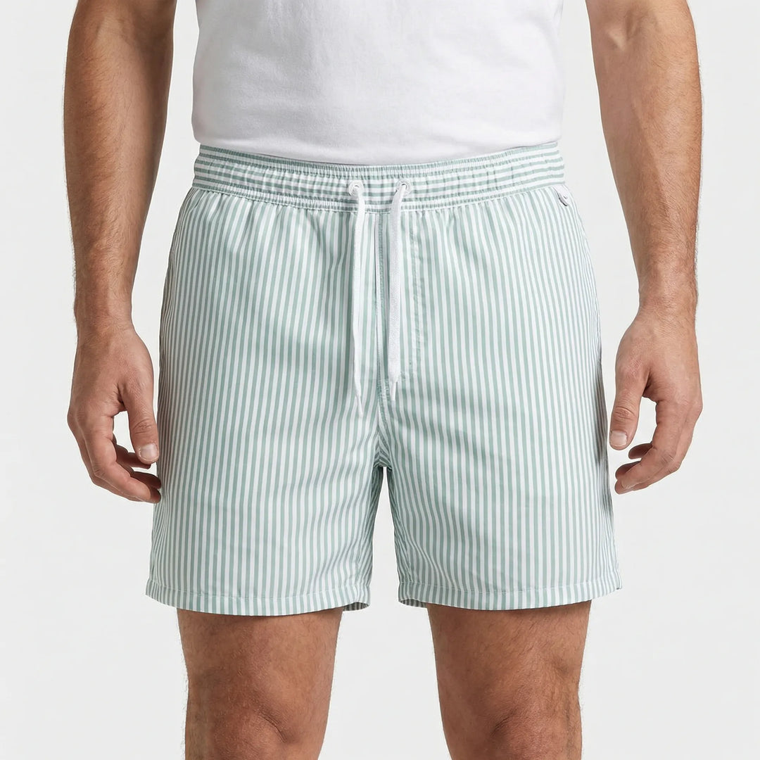 Quick-dry striped men's swim trunks, essential pool shorts and beachwear for summer fashion.