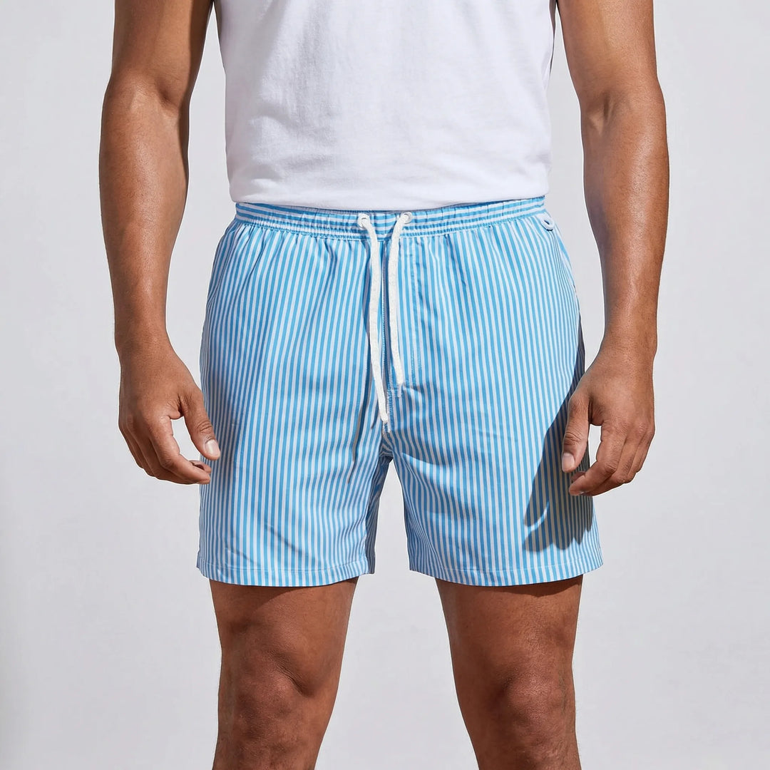 Men's activewear quick-dry striped swim shorts, great for pool, beach, and summer vacation.