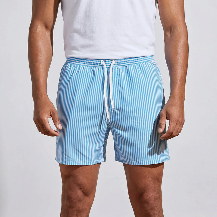 Men's activewear quick-dry striped swim shorts, great for pool, beach, and summer vacation.