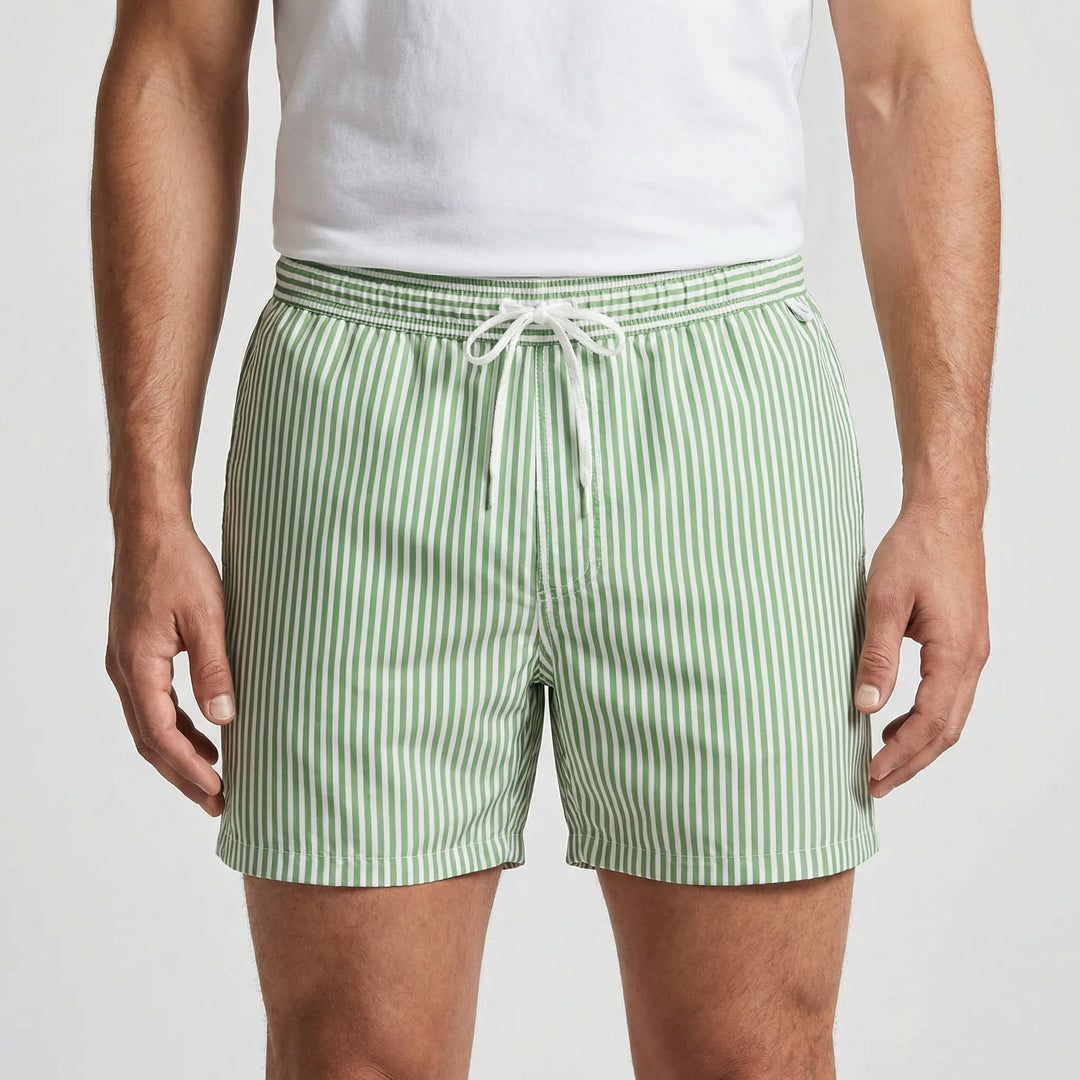Durable quick-dry striped men's swim trunks, stylish beach and pool shorts for summer.