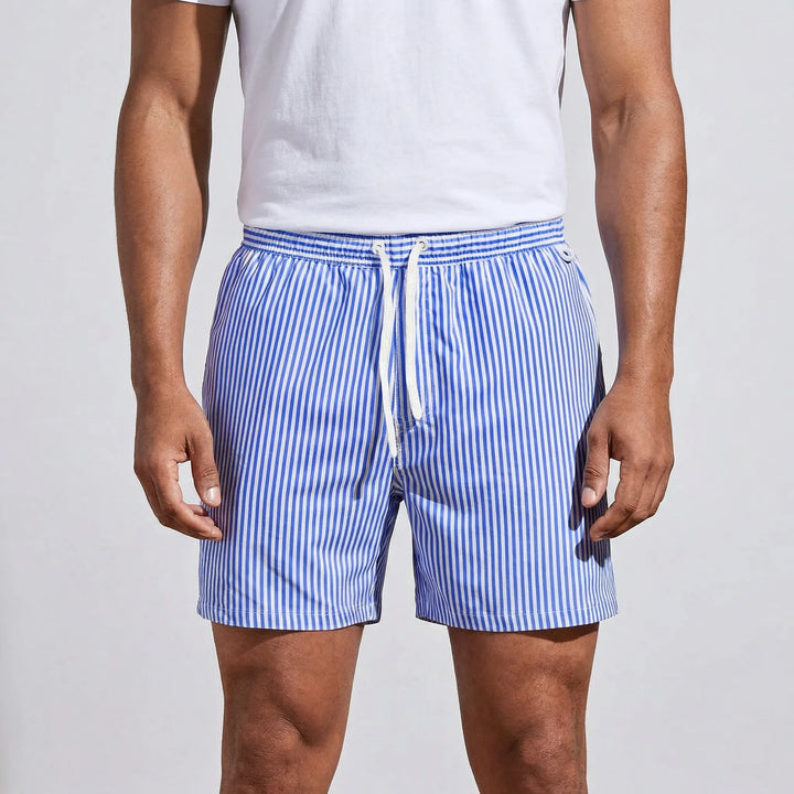 Comfortable quick-dry striped men's swim shorts, ideal for beachwear, pool & active summer.