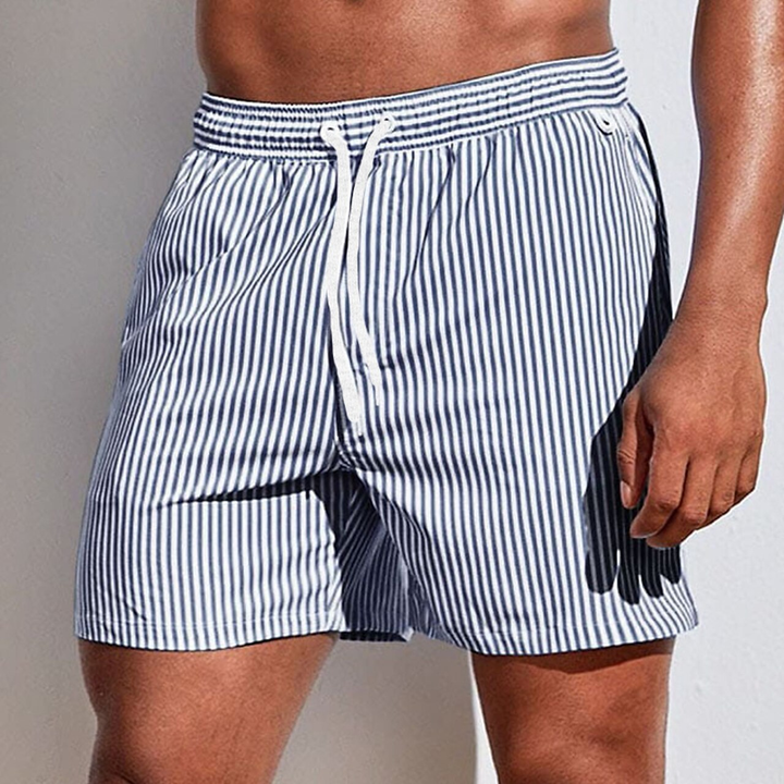 Quick-dry striped men's swim trunks with elastic waist, great for swimming, lounging, and summer sports.