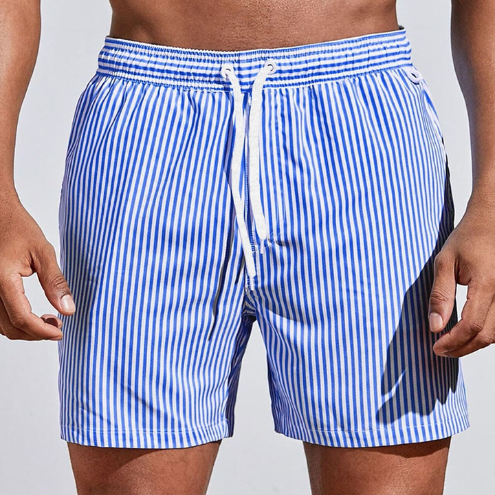 Men's quick-dry striped swim shorts, versatile summer swimwear for beach, pool, and vacation activities.