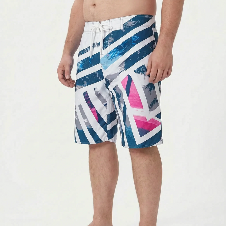 Men's quick-dry board shorts with secure drawstring, versatile swimwear for active beach days.
