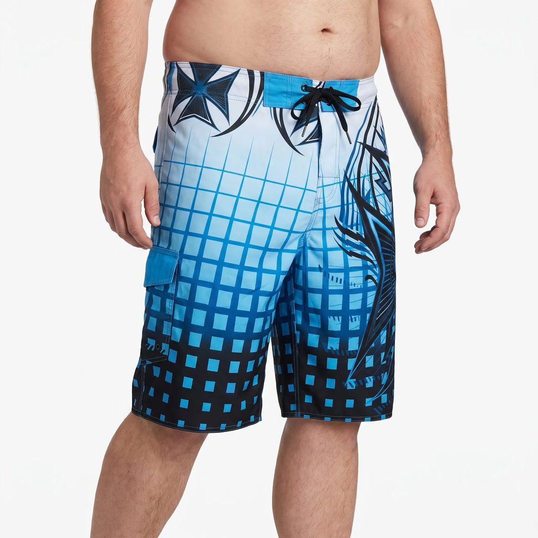 Quick-dry men's board shorts in action, perfect for swimming & water sports. Essential swimwear.