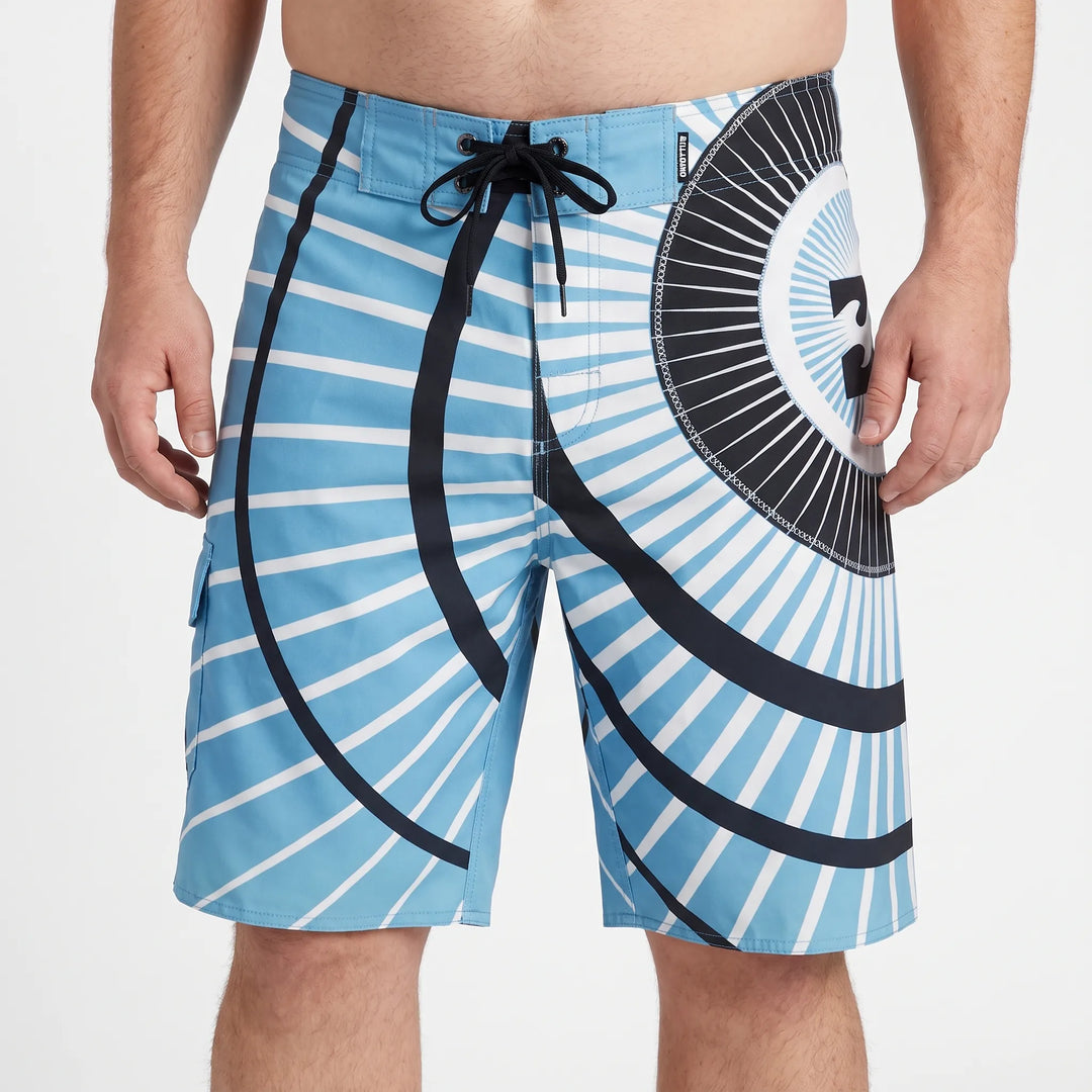 Printed quick-dry men's board shorts, trendy summer fashion swimwear for beach and vacation fun.
