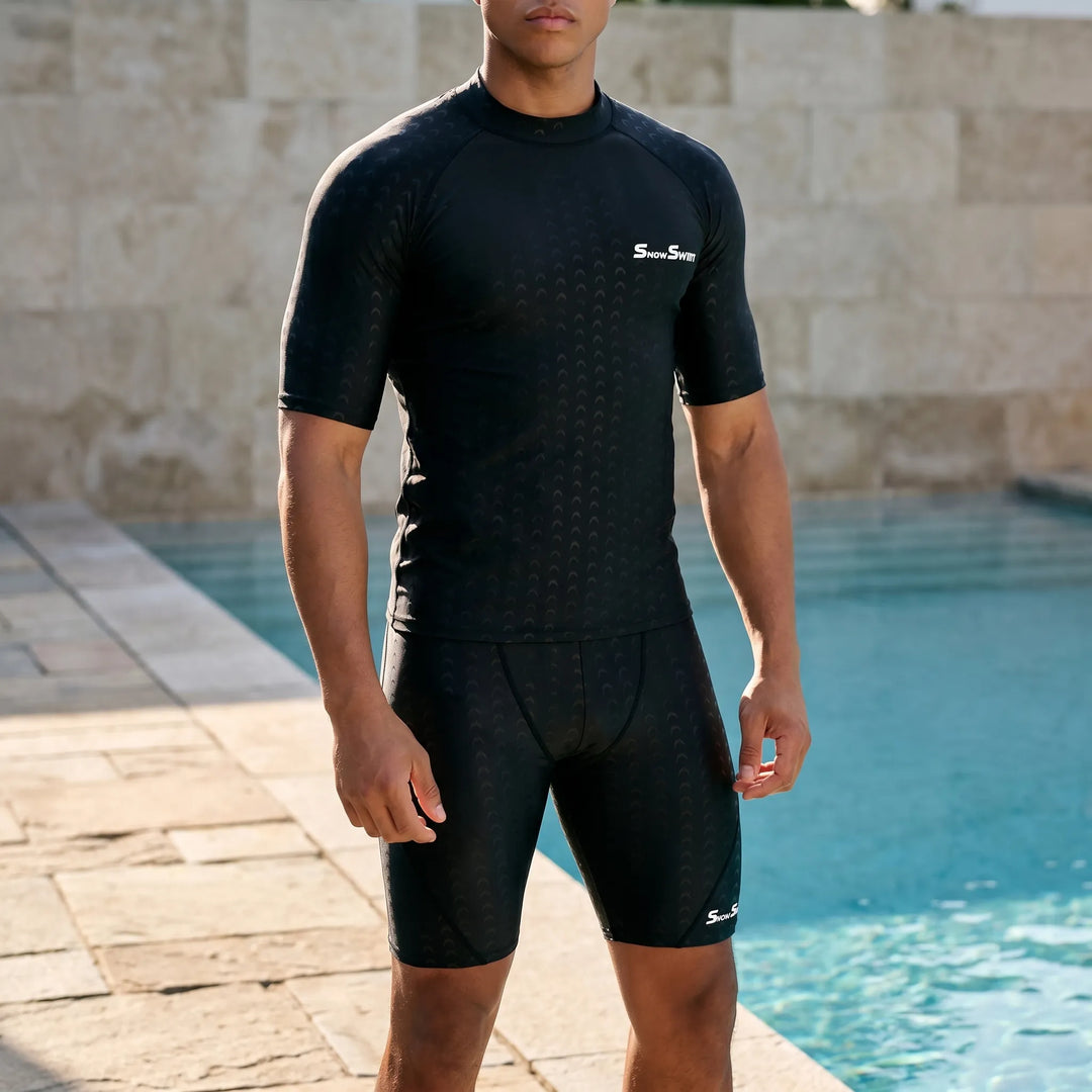 Men's quick-drying short sleeve swim shirt, ideal rash guard for beach & pool days. Stay comfortable.