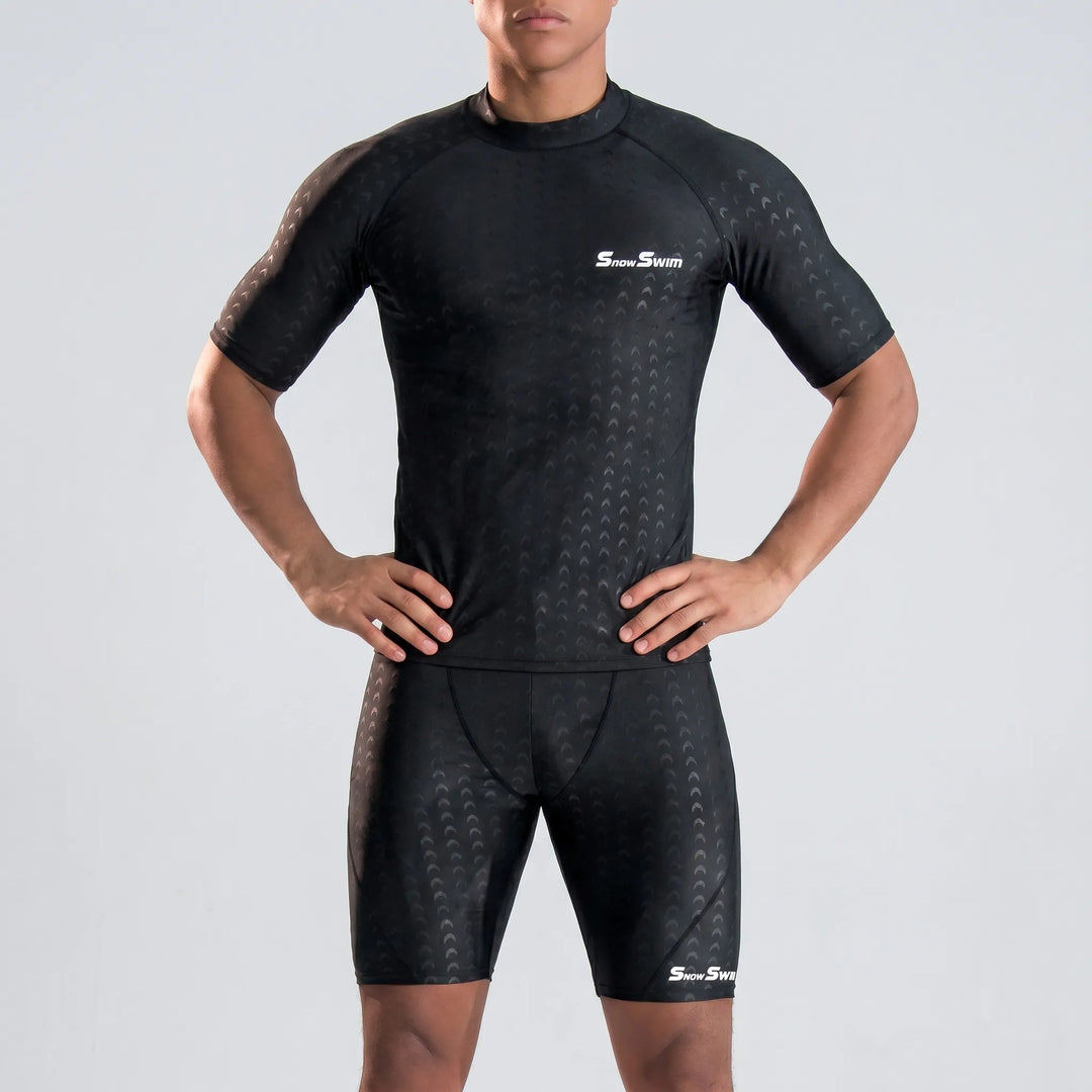 Athletic men's quick dry rash guard shirt with textured design, perfect for beach and pool activities.