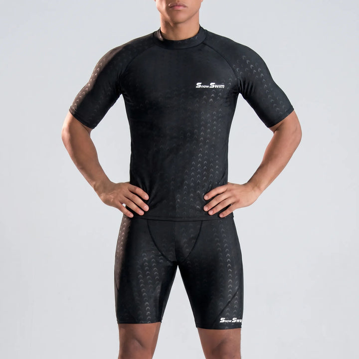 Athletic men's quick dry rash guard shirt with textured design, perfect for beach and pool activities.