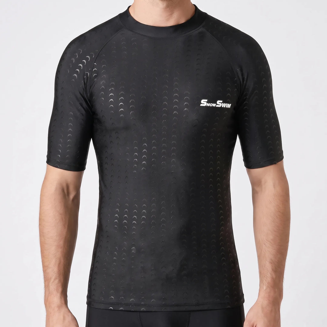 Textured men's quick dry swimwear shirt, an activewear top designed for swimming and water sports.
