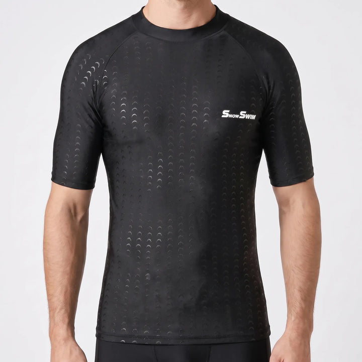 Textured men's quick dry swimwear shirt, an activewear top designed for swimming and water sports.