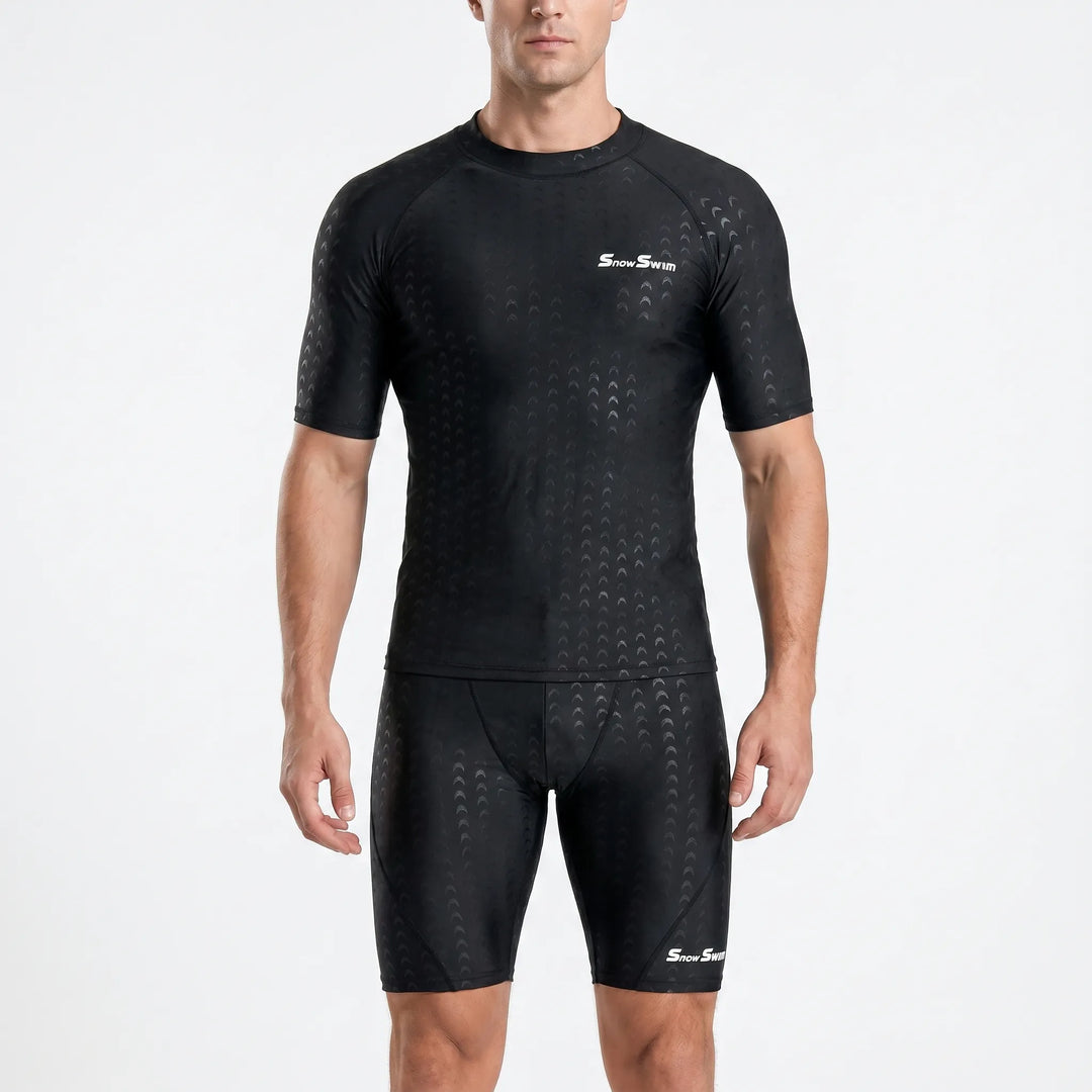 Men's quick-drying short sleeve rash guard. A stylish and protective beach or pool shirt for active men.