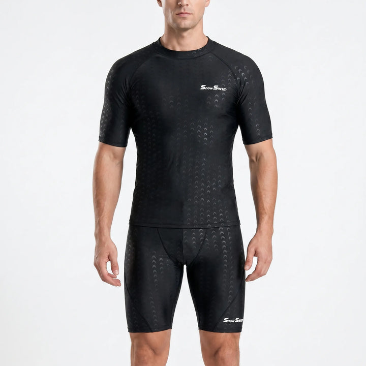 Men's quick-drying short sleeve rash guard. A stylish and protective beach or pool shirt for active men.