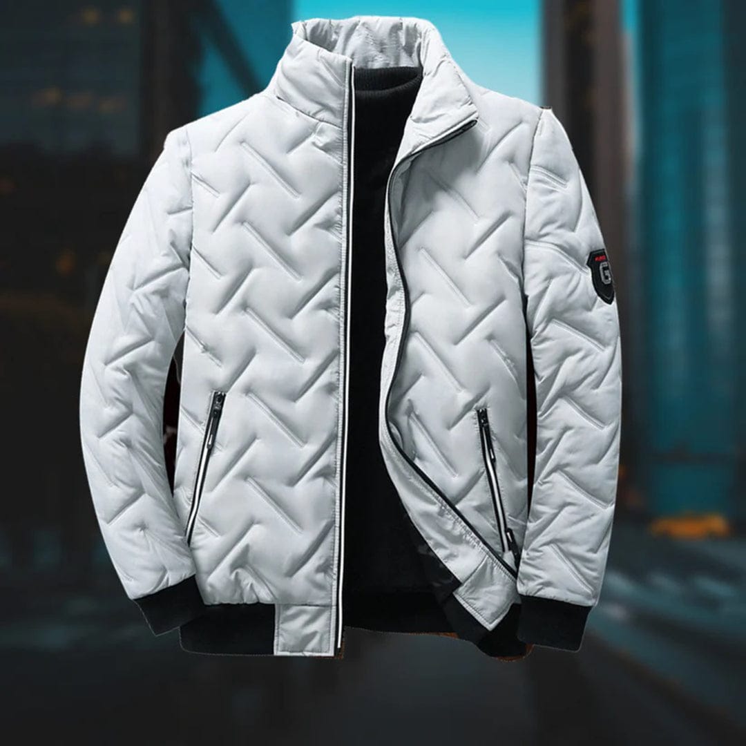 Modern men's quilted bomber jacket. Stylish outerwear for fall fashion. Casual & warm winter wear.