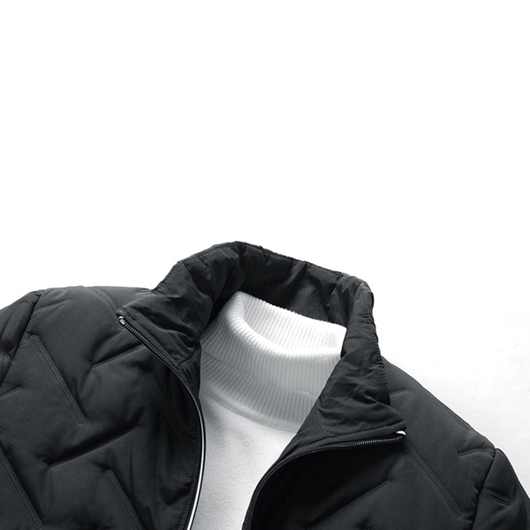 Versatile men's quilted bomber jacket. Stylish fall fashion outerwear. Warm and modern for casual wear.
