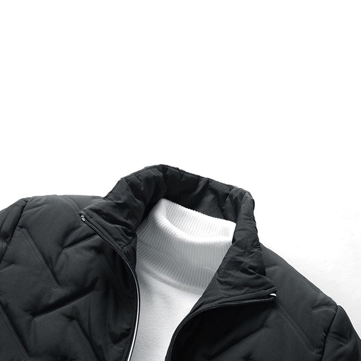 Versatile men's quilted bomber jacket. Stylish fall fashion outerwear. Warm and modern for casual wear.