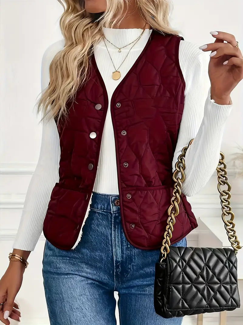 Premium men's quilted vest, bomber jacket style, featuring a warm sherpa lining. Durable fall fashion.