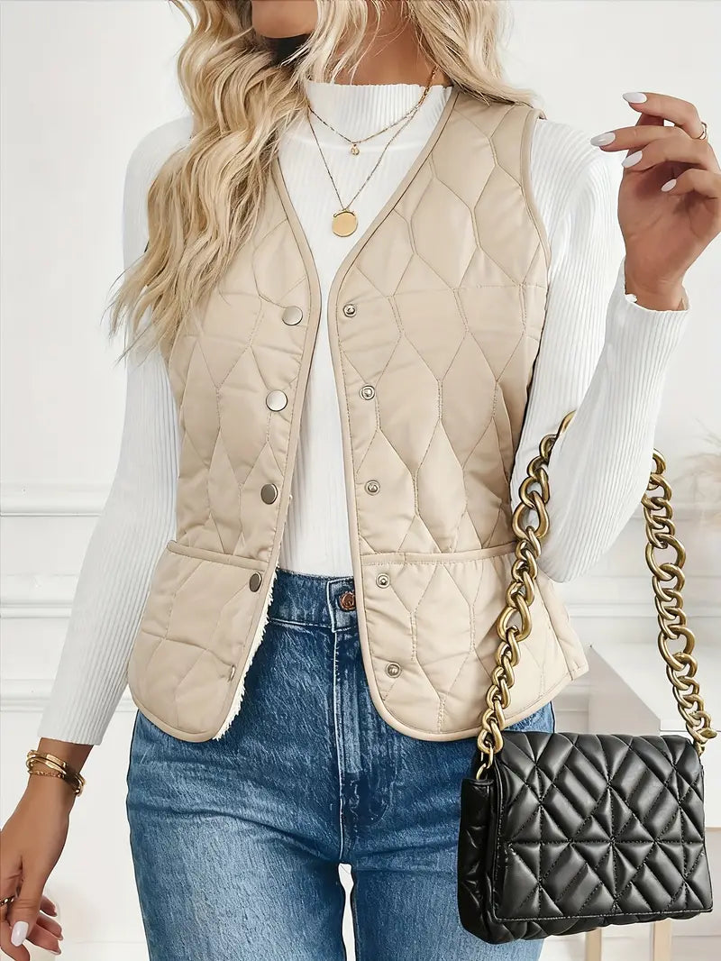 Close-up of the luxurious sherpa lining inside this warm men's quilted bomber vest. Winter comfort.
