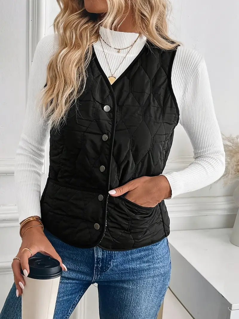 Back view of a sleek men's quilted vest. Bomber style, a lightweight yet warm outerwear layering piece.