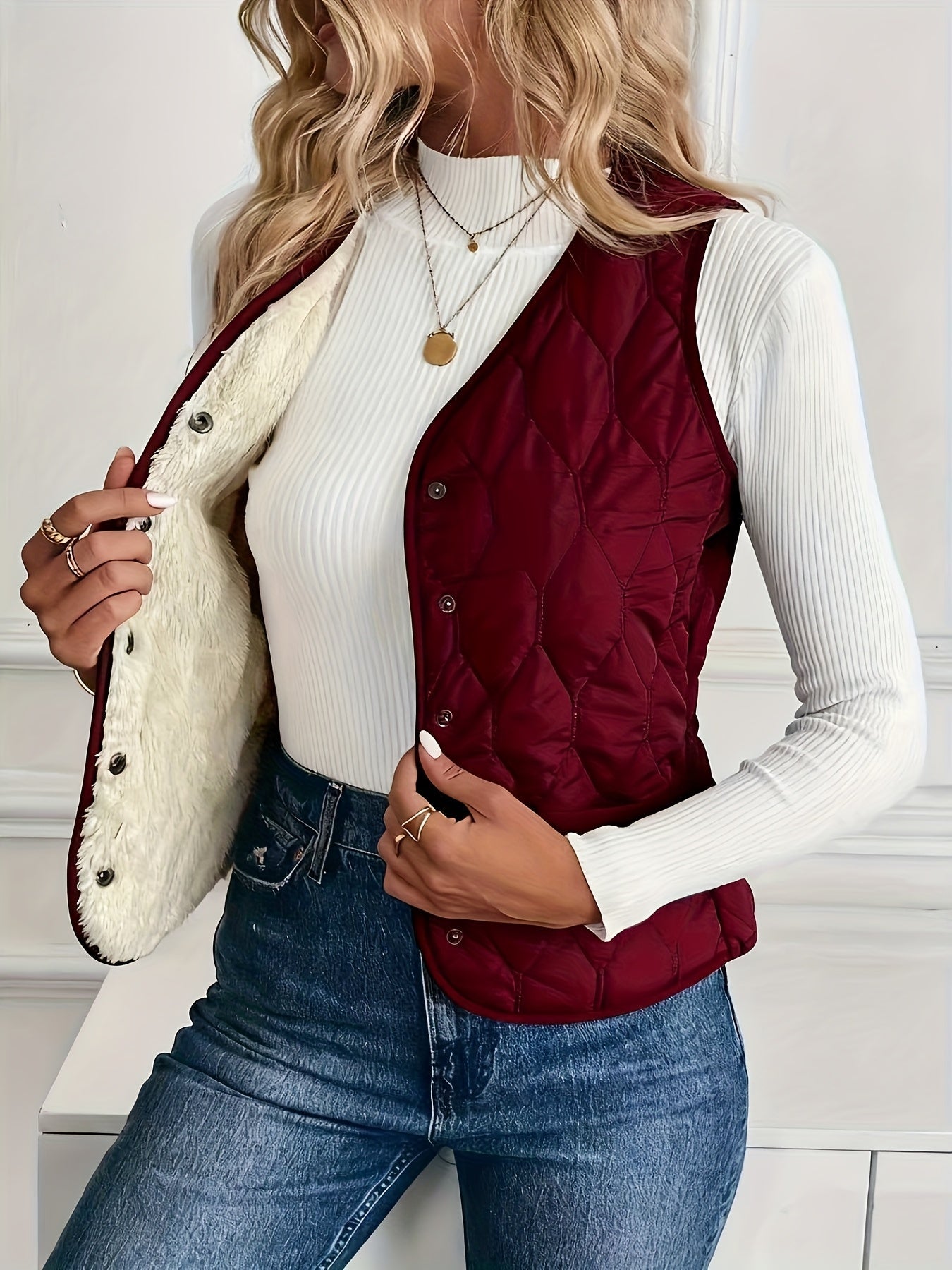 Lightweight men's quilted bomber vest. Sherpa lined, offering comfort & style for everyday wear.