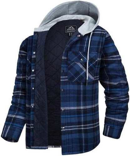 Men's quilted lined flannel plaid shirt jacket, red and black check, with long sleeves and front pockets