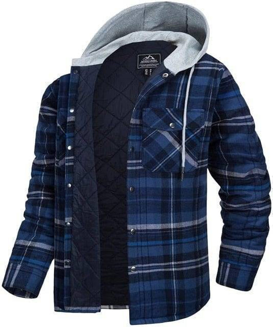 Men's quilted lined flannel plaid shirt jacket, red and black check, with long sleeves and front pockets