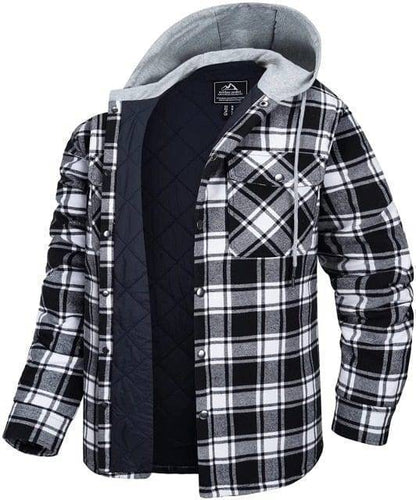 Casual men's cotton flannel plaid jacket, quilted for warmth, ideal winter outerwear with button-front closure