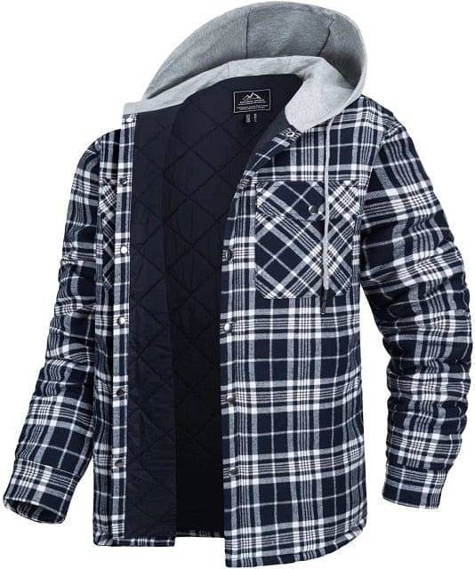 Rugged men's red and black plaid shirt jacket, with quilted lining for outdoor activities and winter fashion