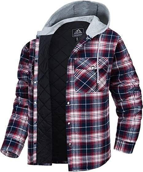 Close-up of men's long sleeve flannel plaid jacket, showcasing quilted texture and heavy cotton fabric