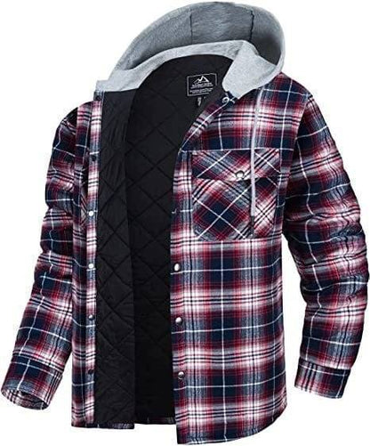 Close-up of men's long sleeve flannel plaid jacket, showcasing quilted texture and heavy cotton fabric