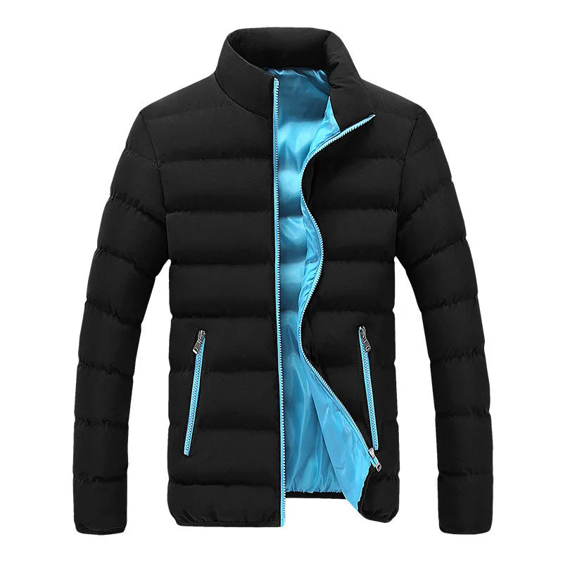 Close-up of men's quilted puffer jacket, showing texture & weather-resistant fabric. Ideal men's outerwear.