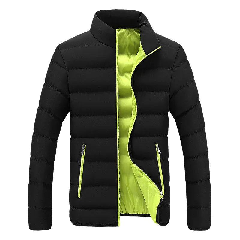 Man wearing a fashionable men's quilted puffer jacket, showcasing its sleek design & comfortable fit.