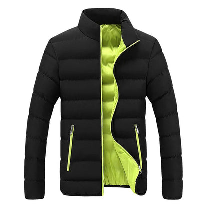 Man wearing a fashionable men's quilted puffer jacket, showcasing its sleek design & comfortable fit.