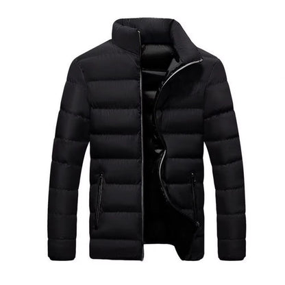 Full shot of a men's stylish puffer jacket, featuring a modern quilted pattern & all-weather warmth.