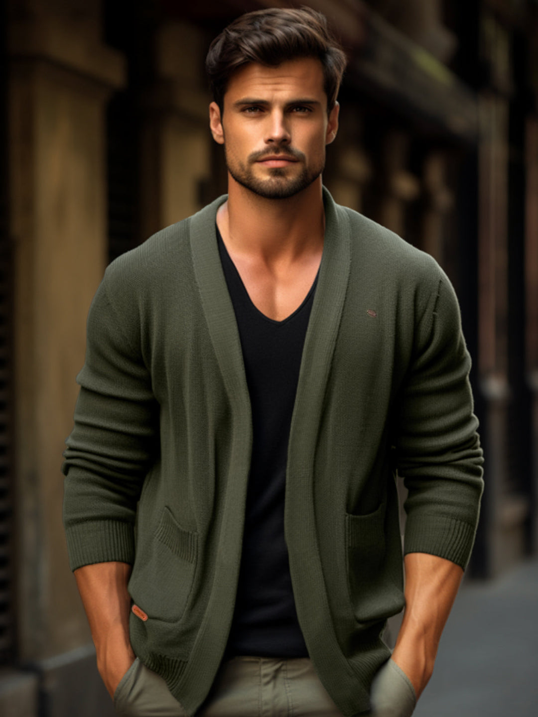 Lightweight men's Ravenna v-neck cardigan in navy, ideal for versatile year-round layering & comfort.