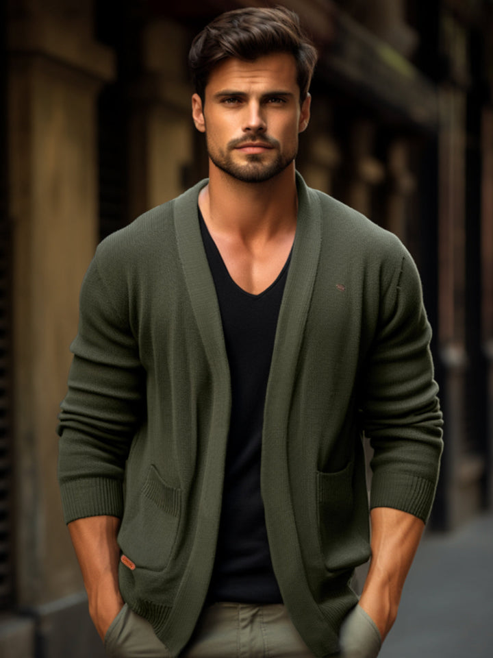 Lightweight men's Ravenna v-neck cardigan in navy, ideal for versatile year-round layering & comfort.
