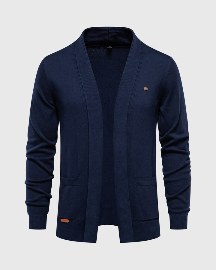 Navy men's Ravenna cardigan, a comfortable & versatile v-neck sweater with practical pockets.