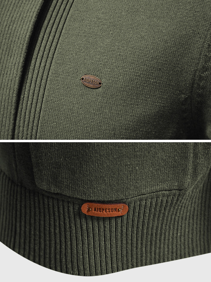 Close-up of men's Ravenna navy pocket cardigan, highlighting the quality knit & functional design.