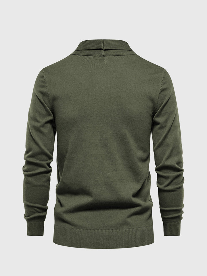 Front view: Men's black Ravenna v-neck cardigan, offering effortless layering & a sleek, polished look.
