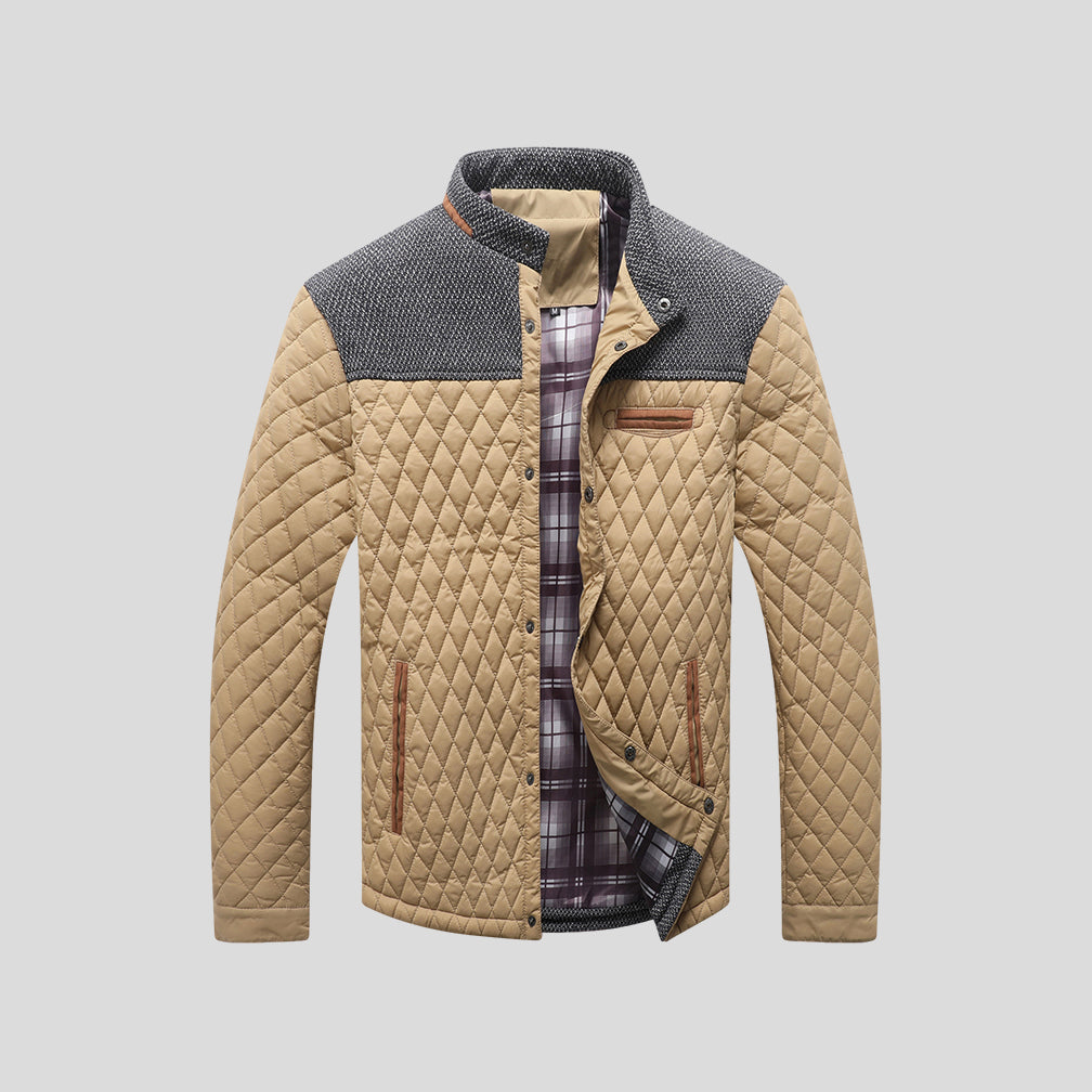 Long-sleeve men's quilted winter jacket. Modern, warm, & stylish outerwear, perfect for casual men's fashion.