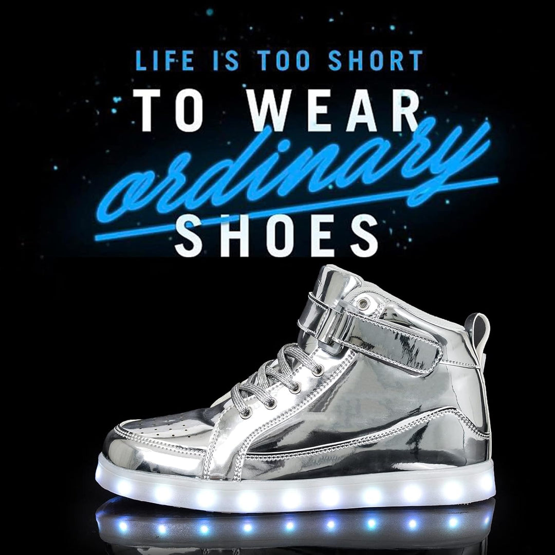 Black men's fashion sneakers with rechargeable LED lights, perfect for parties.