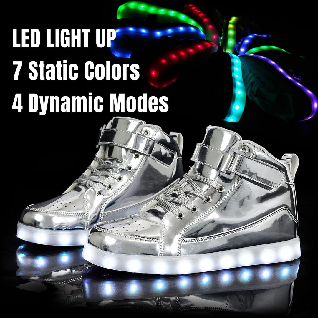 White men's trendy light-up LED sneakers, rechargeable for festivals and events.