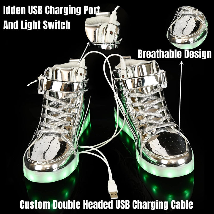 Unique men's rechargeable LED sneakers, glowing brightly for party and festival style.