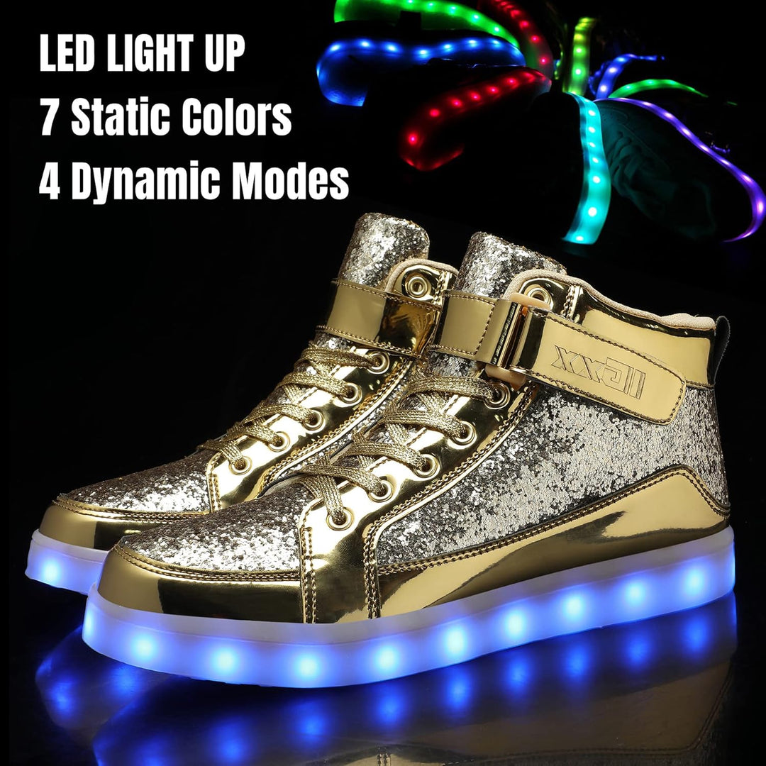 Black men's rechargeable LED light-up sneakers, ideal festival footwear.