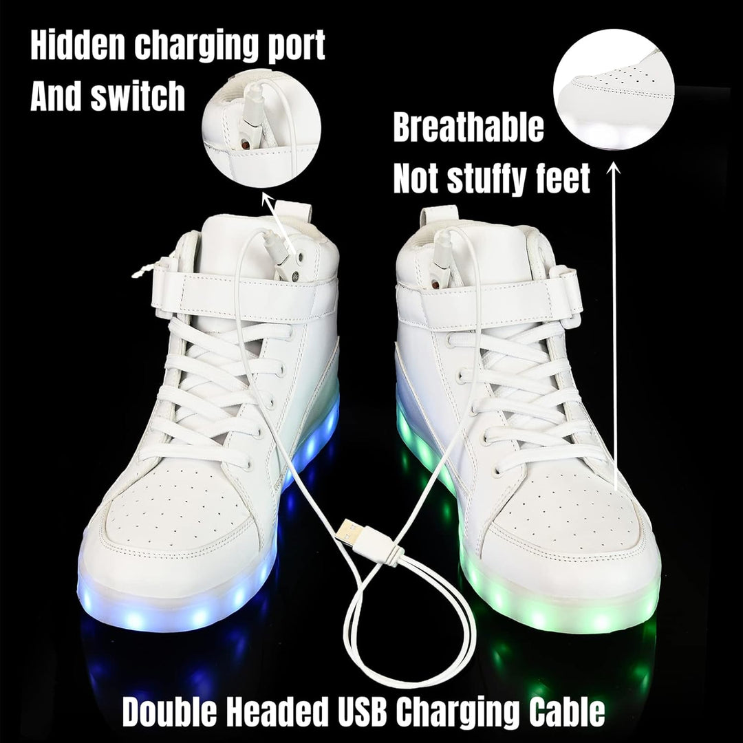 White men's rechargeable LED light-up shoes, perfect for festivals & fashion.