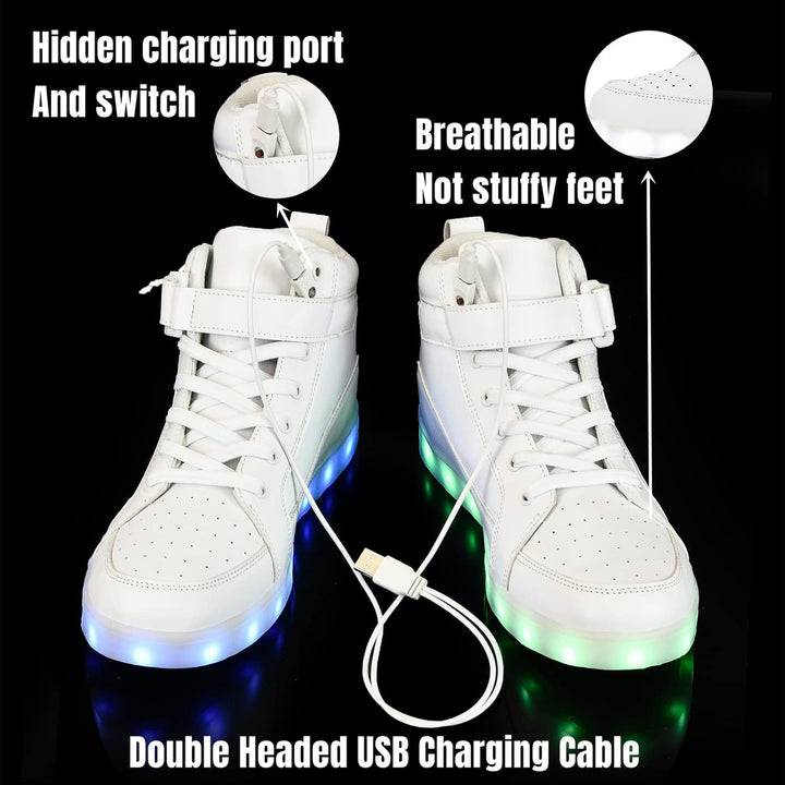 White men's rechargeable LED light-up shoes, perfect for festivals & fashion.