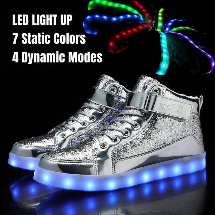 Black men's athletic light-up sneakers, rechargeable LED for a cool party look.