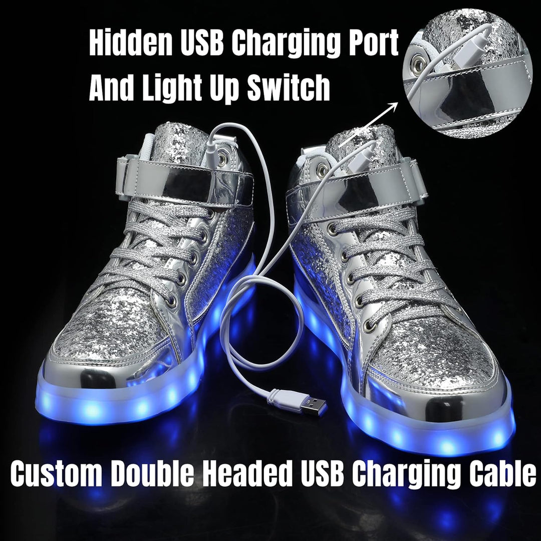 White men's unique LED sneakers, rechargeable and glowing for festive occasions.