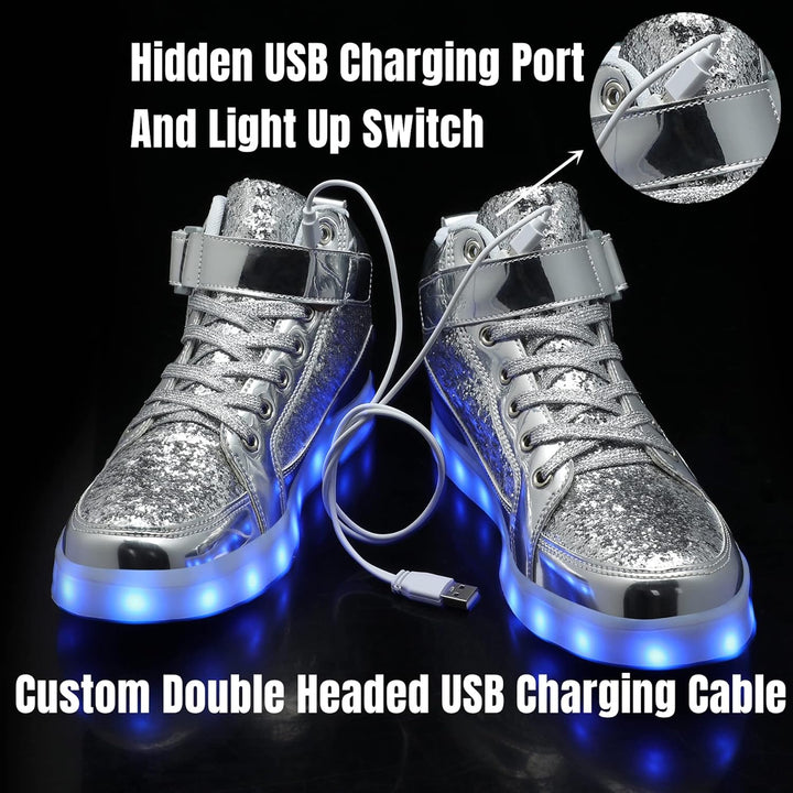 White men's unique LED sneakers, rechargeable and glowing for festive occasions.